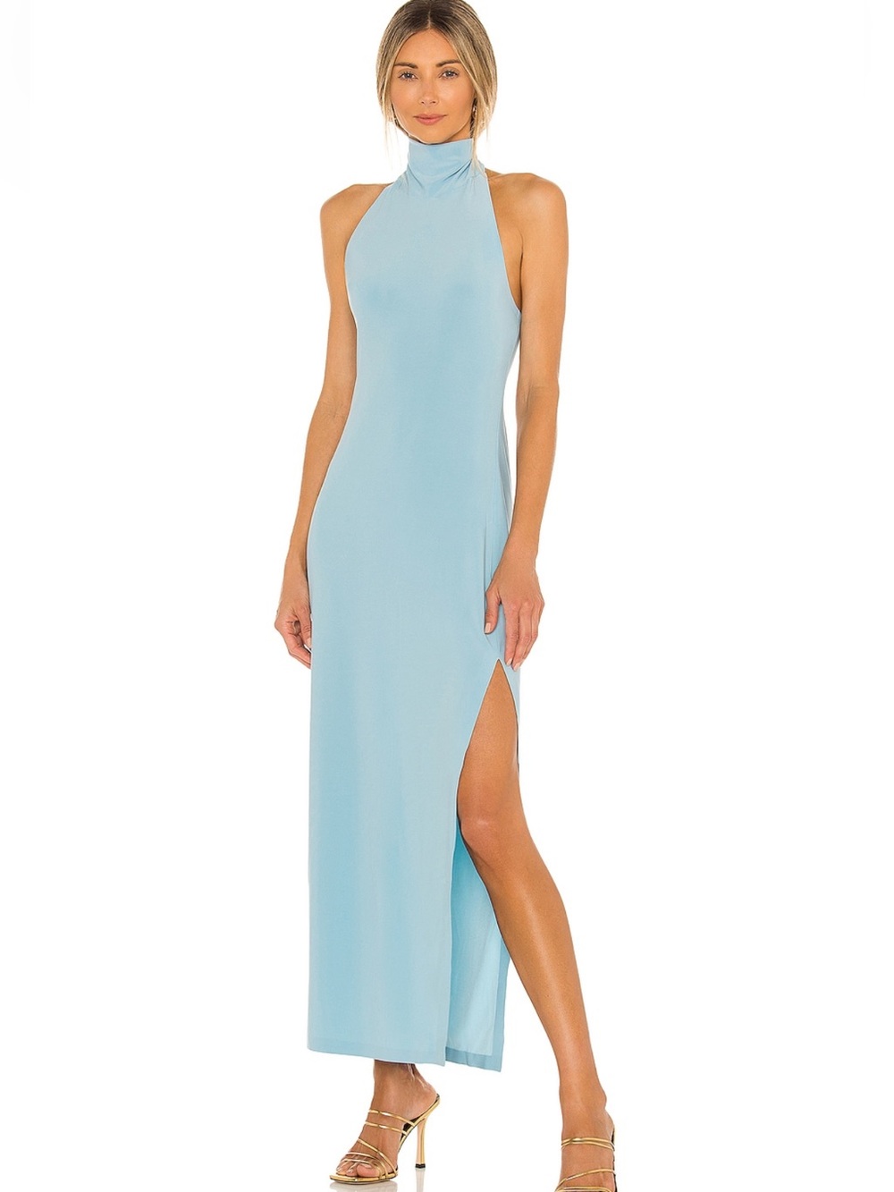 Norma Kamali Halter Turtle Side Slit Gown in Powder Blue X-Small Womens Dress
